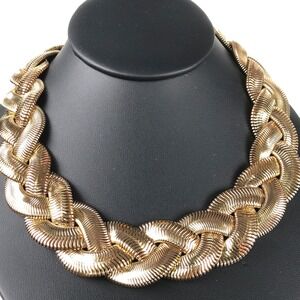 VTG Monet Chunky Gold Tone Choker Necklace 80s Woven Snake Chain 3 Strand Collar